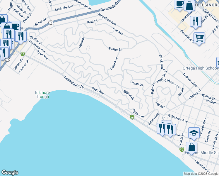 map of restaurants, bars, coffee shops, grocery stores, and more near Barkschat Drive in Lake Elsinore