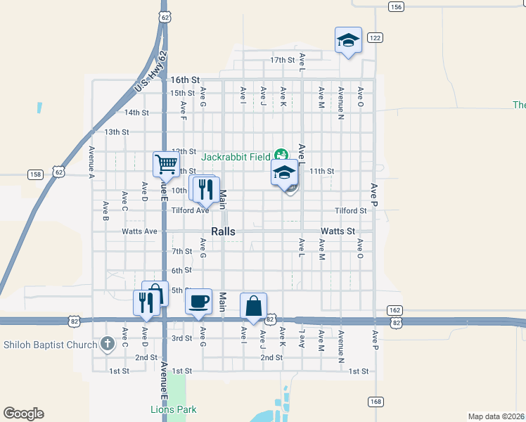 map of restaurants, bars, coffee shops, grocery stores, and more near Avenue J in Ralls