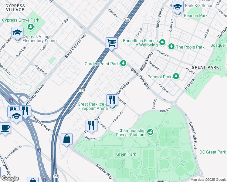 map of restaurants, bars, coffee shops, grocery stores, and more near 109 Briarberry in Irvine
