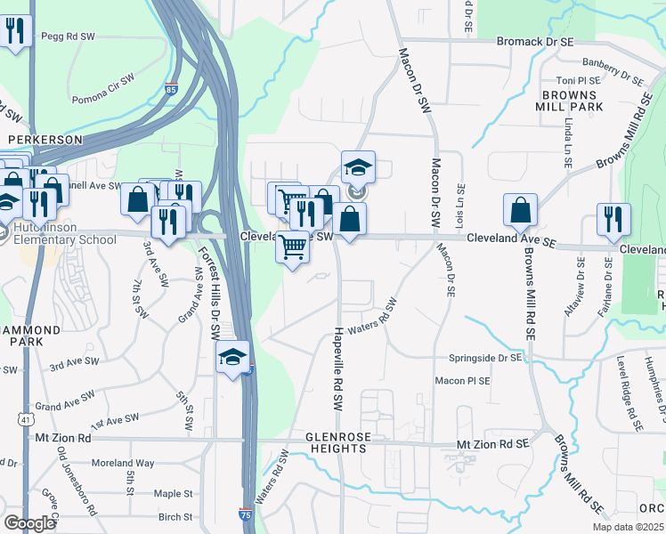 map of restaurants, bars, coffee shops, grocery stores, and more near 2745 Old Hapeville Road Southwest in Atlanta