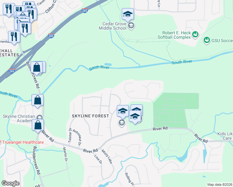 map of restaurants, bars, coffee shops, grocery stores, and more near 3498 Santa Leta Drive in Ellenwood