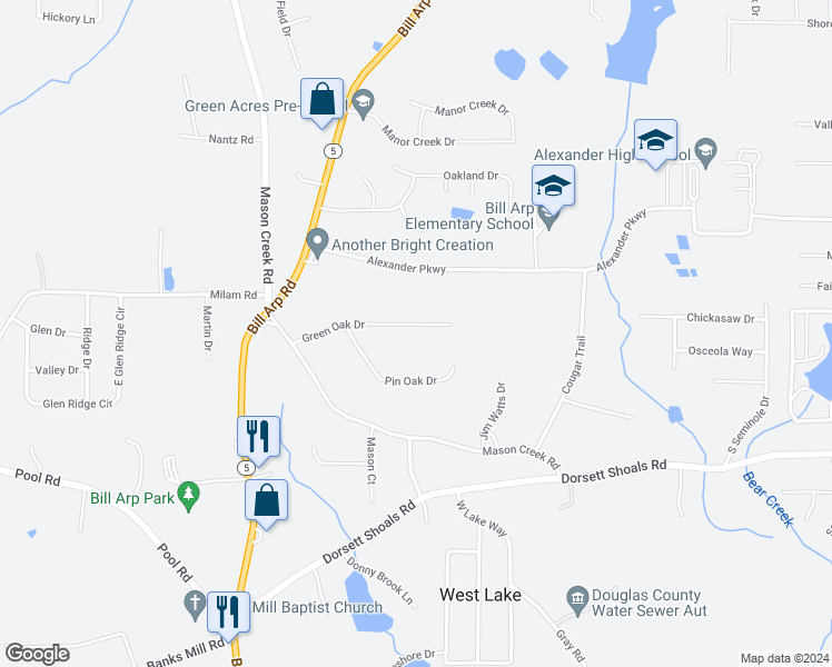 map of restaurants, bars, coffee shops, grocery stores, and more near 6809 Greenoak Drive in Douglasville