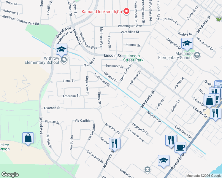 map of restaurants, bars, coffee shops, grocery stores, and more near 15171 Teakwood Street in Lake Elsinore