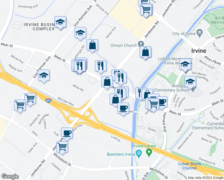 map of restaurants, bars, coffee shops, grocery stores, and more near 2 Park Plaza in Irvine