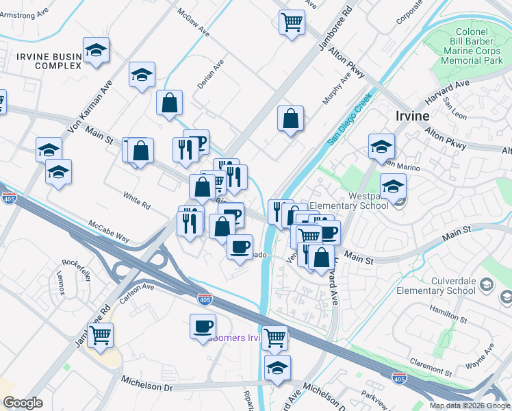 map of restaurants, bars, coffee shops, grocery stores, and more near 2955 Main Street in Irvine