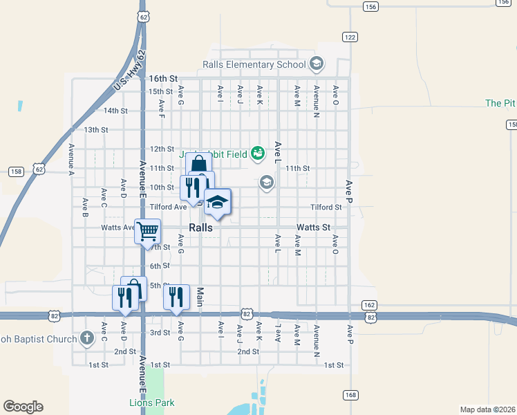 map of restaurants, bars, coffee shops, grocery stores, and more near Avenue K in Ralls