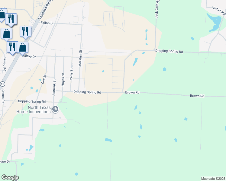 map of restaurants, bars, coffee shops, grocery stores, and more near 3590 Dripping Springs Road in Sherman