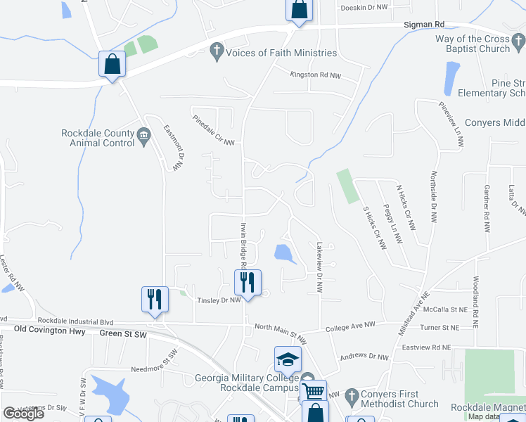 map of restaurants, bars, coffee shops, grocery stores, and more near 1098 Laurel Lane Northwest in Conyers