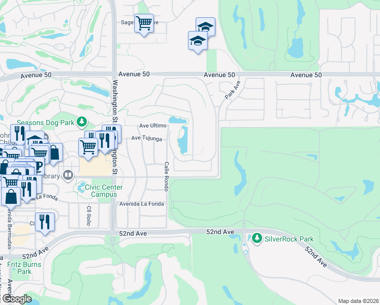map of restaurants, bars, coffee shops, grocery stores, and more near 50740 Cypress Point Drive in La Quinta