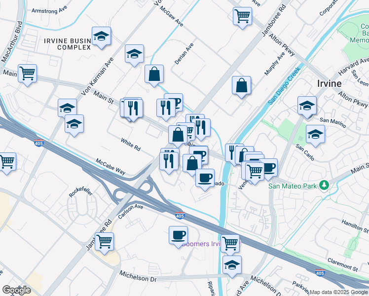 map of restaurants, bars, coffee shops, grocery stores, and more near 12 Park Plaza in Irvine