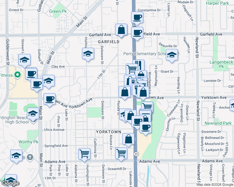 map of restaurants, bars, coffee shops, grocery stores, and more near 3 Yorktown Avenue in Huntington Beach