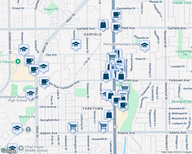 map of restaurants, bars, coffee shops, grocery stores, and more near 3 Yorktown Avenue in Huntington Beach