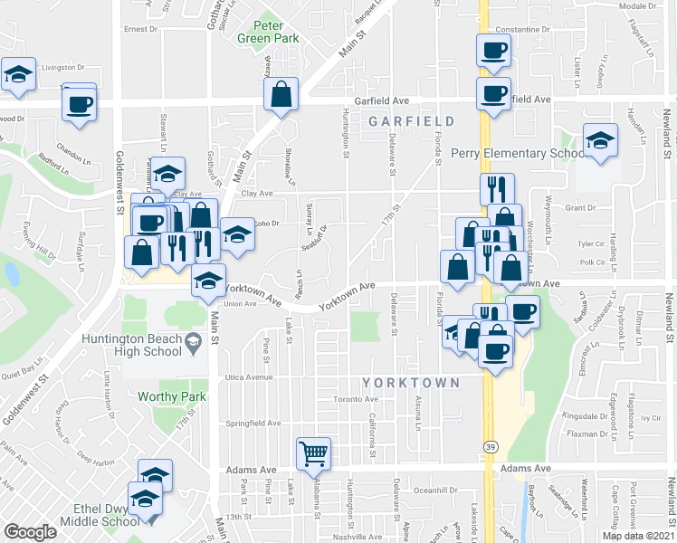 map of restaurants, bars, coffee shops, grocery stores, and more near 19562 Pompano Lane in Huntington Beach