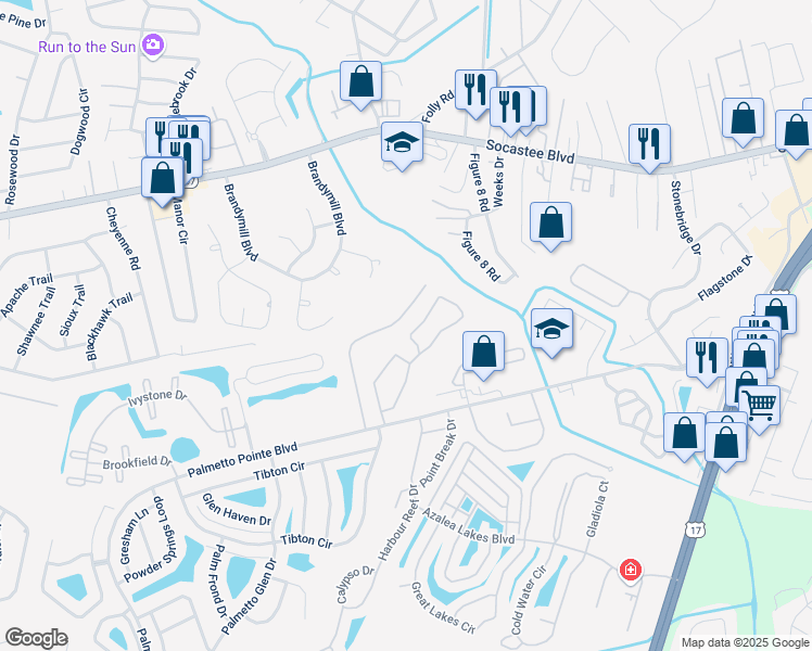 map of restaurants, bars, coffee shops, grocery stores, and more near 156 Olde Towne Way in Myrtle Beach