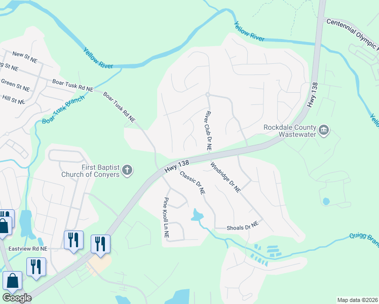 map of restaurants, bars, coffee shops, grocery stores, and more near 1545 Riverbrooke Way Northeast in Conyers