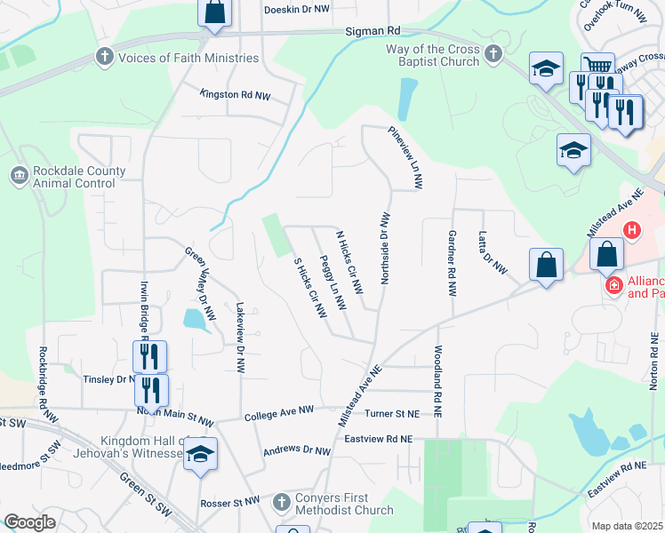 map of restaurants, bars, coffee shops, grocery stores, and more near 1347 Peggy Lane Northwest in Conyers