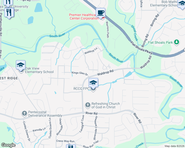 map of restaurants, bars, coffee shops, grocery stores, and more near 3520 Kingswood Trail in Decatur