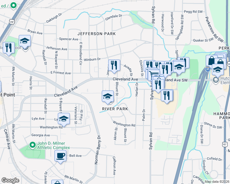 map of restaurants, bars, coffee shops, grocery stores, and more near 2755 Blount Street in East Point