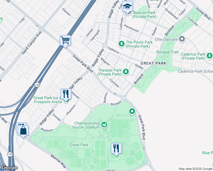 map of restaurants, bars, coffee shops, grocery stores, and more near 14280 C Street in Irvine