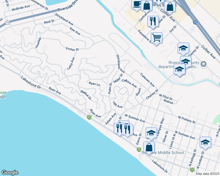 map of restaurants, bars, coffee shops, grocery stores, and more near Palm Drive in Lake Elsinore