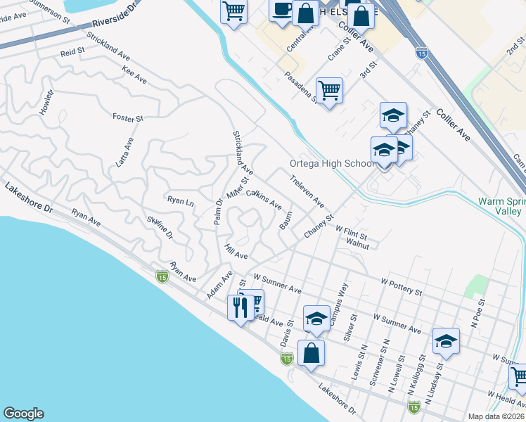 map of restaurants, bars, coffee shops, grocery stores, and more near Hill Avenue in Lake Elsinore
