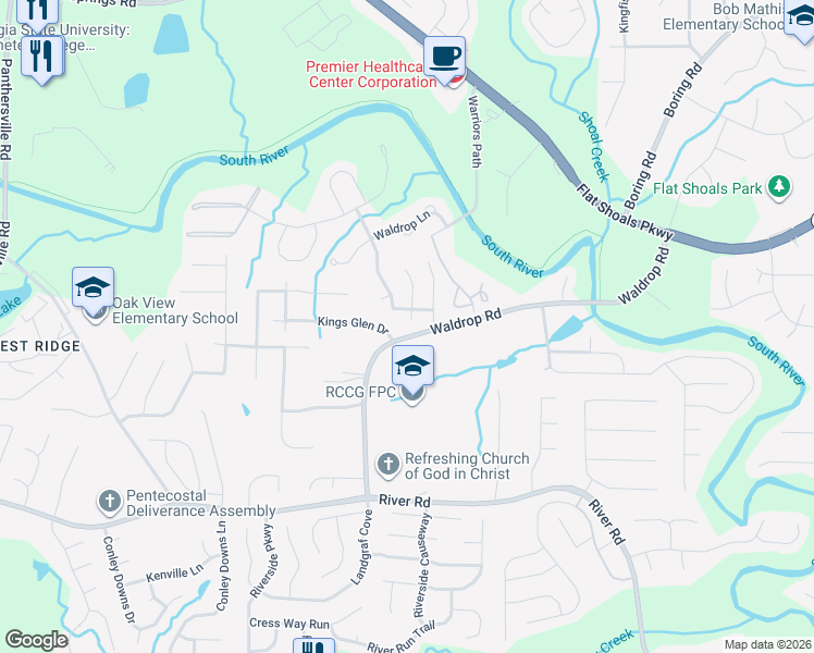 map of restaurants, bars, coffee shops, grocery stores, and more near 3520 Kingswood Trail in Decatur