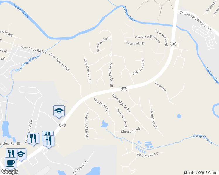 map of restaurants, bars, coffee shops, grocery stores, and more near 1300 River Club Drive Northeast in Conyers
