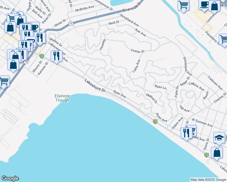 map of restaurants, bars, coffee shops, grocery stores, and more near Ryan Avenue in Lake Elsinore