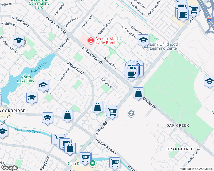 map of restaurants, bars, coffee shops, grocery stores, and more near 75 Fallbrook in Irvine