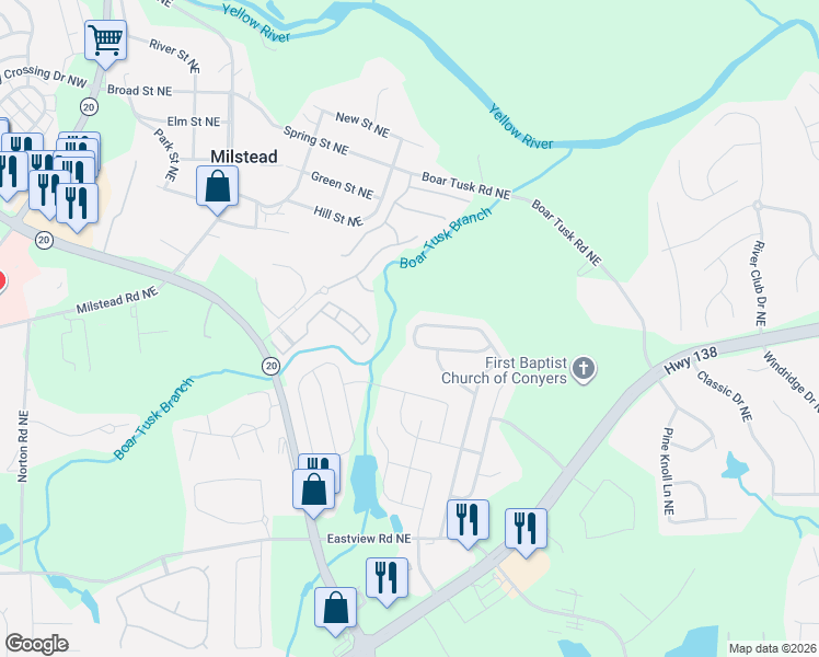 map of restaurants, bars, coffee shops, grocery stores, and more near 1984 Bridgestone Circle in Conyers