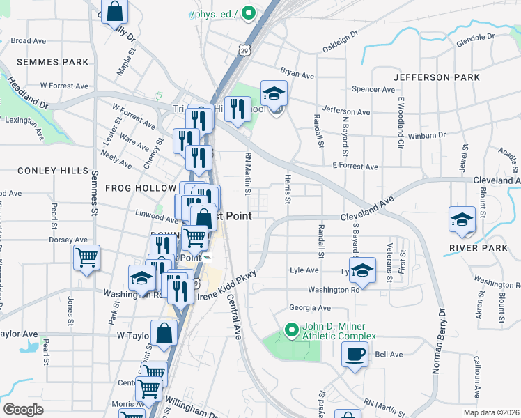 map of restaurants, bars, coffee shops, grocery stores, and more near 1480 Ashley Way in East Point