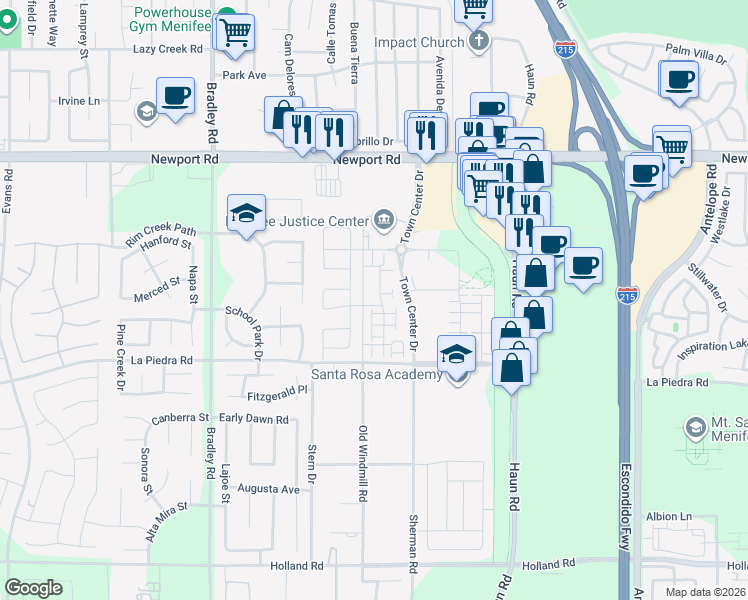 map of restaurants, bars, coffee shops, grocery stores, and more near 30361 Sherman Road in Menifee