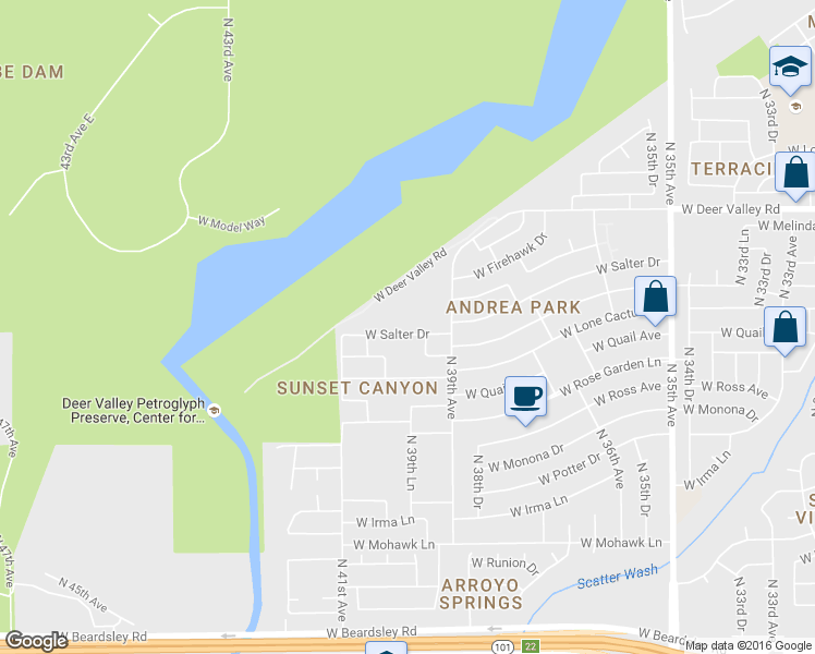 map of restaurants, bars, coffee shops, grocery stores, and more near 3940 West Salter Drive in Glendale