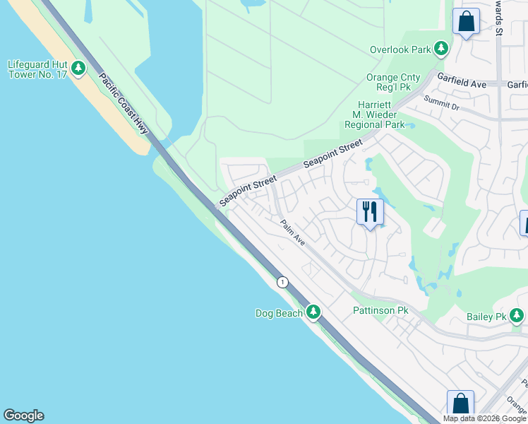 map of restaurants, bars, coffee shops, grocery stores, and more near 6242 Surfboard Circle in Huntington Beach