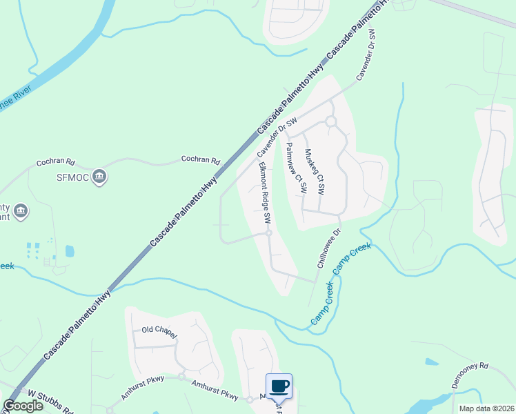 map of restaurants, bars, coffee shops, grocery stores, and more near 2754 Elkmont Ridge Southwest in Atlanta