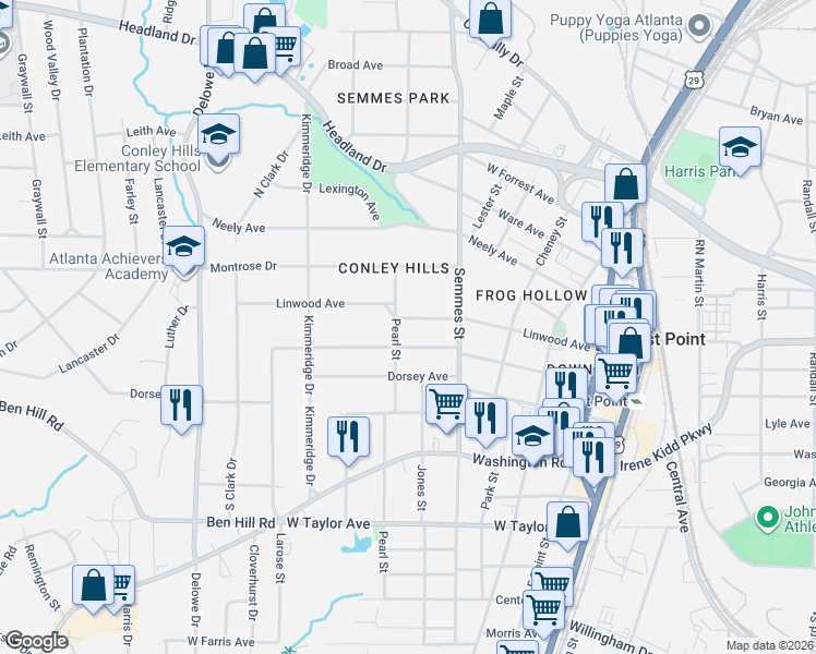 map of restaurants, bars, coffee shops, grocery stores, and more near 1873 Thompson Avenue in East Point
