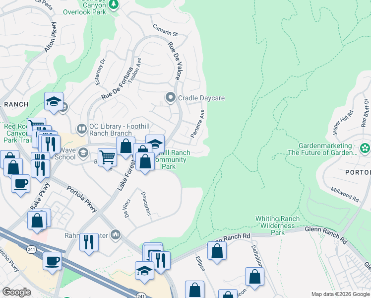 map of restaurants, bars, coffee shops, grocery stores, and more near 21 Balustrade Place in Lake Forest