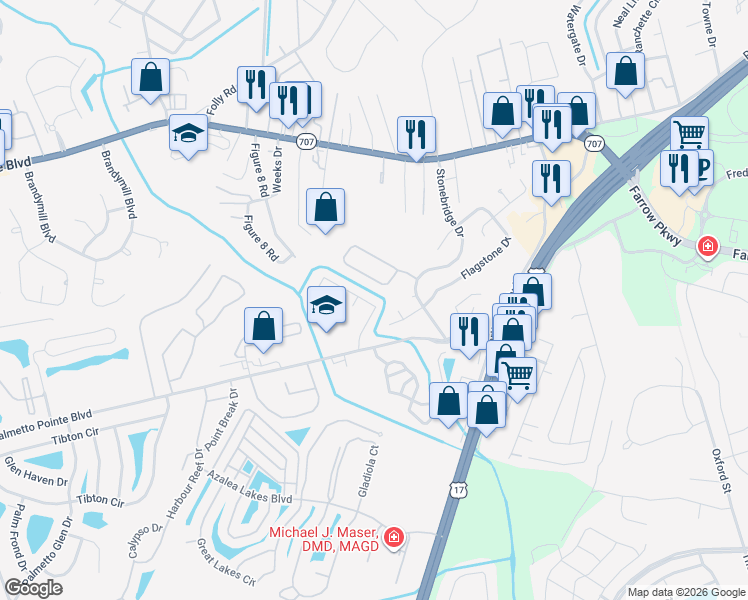 map of restaurants, bars, coffee shops, grocery stores, and more near 558 Ridge Drive in Myrtle Beach