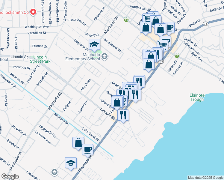 map of restaurants, bars, coffee shops, grocery stores, and more near 3661 Nashland Avenue in Lake Elsinore