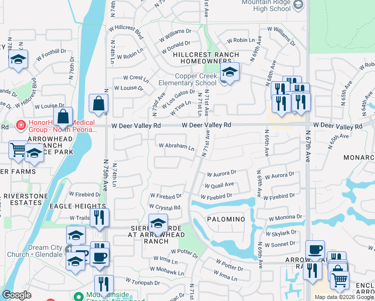 map of restaurants, bars, coffee shops, grocery stores, and more near 7168 West Lone Cactus Drive in Glendale