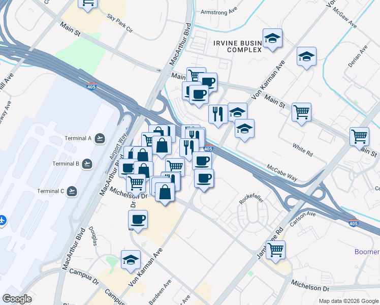 map of restaurants, bars, coffee shops, grocery stores, and more near 18101 Von Karman Avenue in Irvine