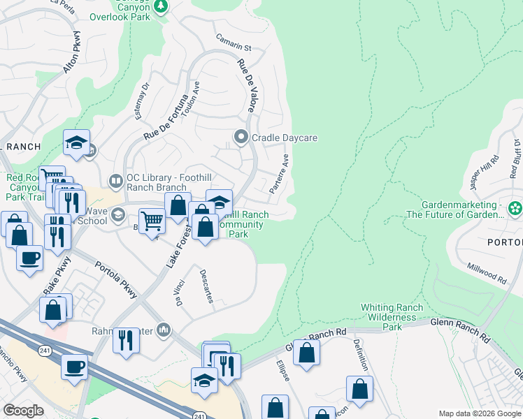 map of restaurants, bars, coffee shops, grocery stores, and more near 21 Balustrade Place in Lake Forest