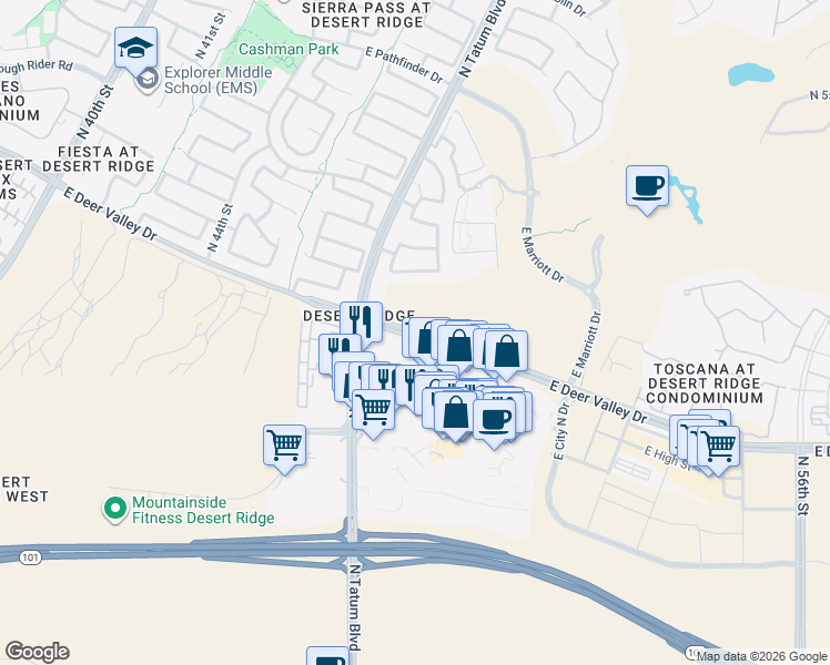 map of restaurants, bars, coffee shops, grocery stores, and more near 21001 North Tatum Boulevard in Phoenix