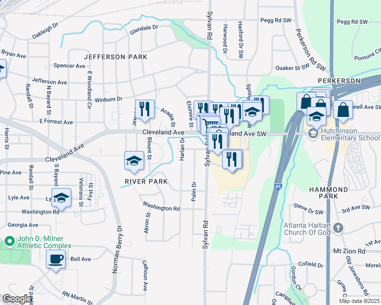 map of restaurants, bars, coffee shops, grocery stores, and more near 948 Reed Avenue in East Point