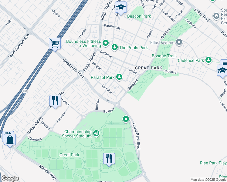 map of restaurants, bars, coffee shops, grocery stores, and more near 181 Carmine in Irvine