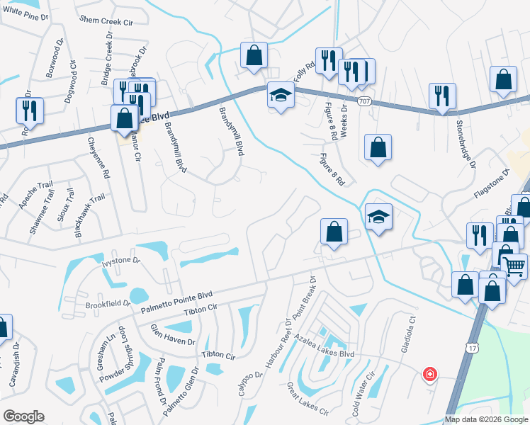 map of restaurants, bars, coffee shops, grocery stores, and more near 144 Olde Towne Way in Myrtle Beach
