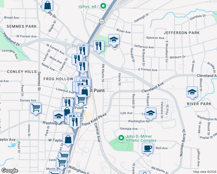 map of restaurants, bars, coffee shops, grocery stores, and more near 1449 East Cleveland Avenue in East Point