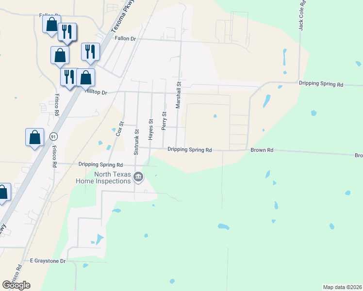 map of restaurants, bars, coffee shops, grocery stores, and more near 4200 Dripping Spring Road in Sherman