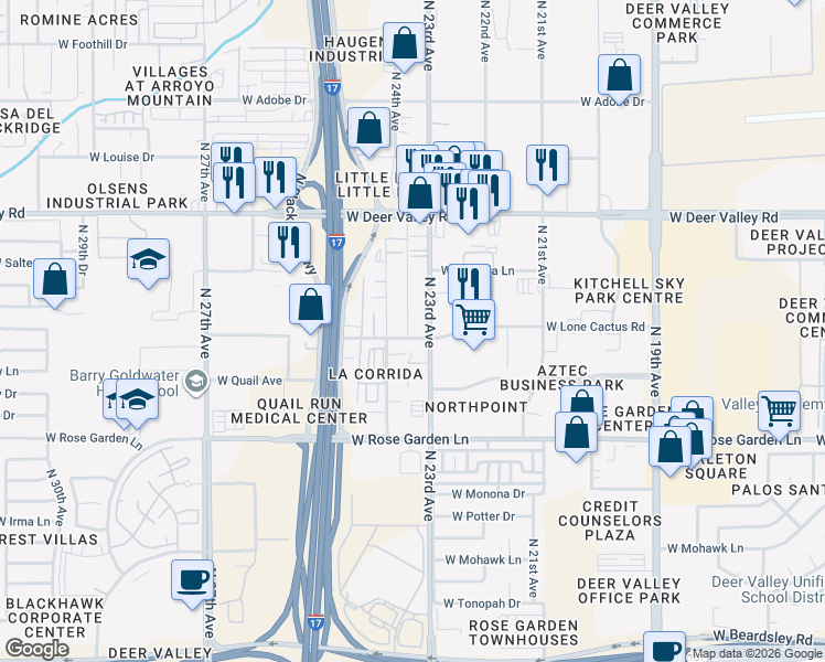 map of restaurants, bars, coffee shops, grocery stores, and more near 2324 West Lone Cactus Drive in Phoenix