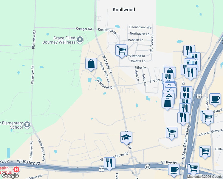map of restaurants, bars, coffee shops, grocery stores, and more near 112 West North Creek Drive in Sherman